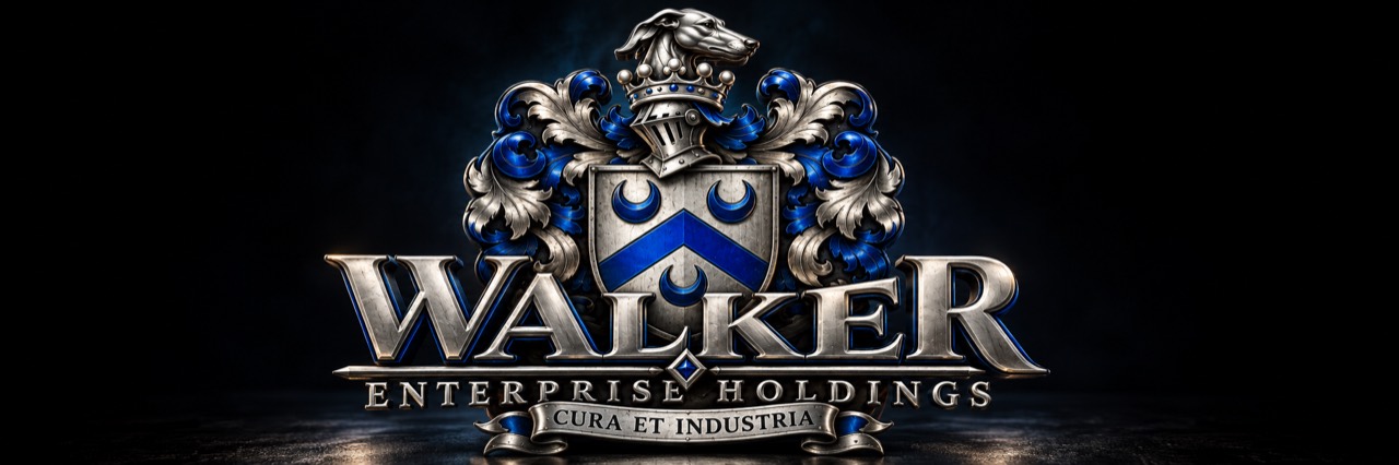 The approved silver-and-blue Walker Enterprise Holdings crest and wordmark, with the motto Cura et Industria
